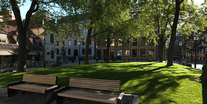 Benches, lawn and trees in front of Norges Bank’s main office building