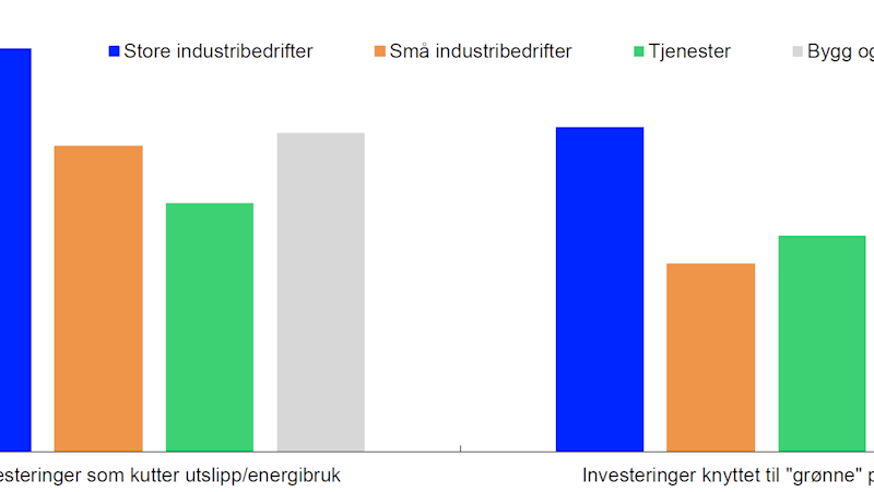 Figur som viser at det er de store industribedriftene hvor flest investerer i prosjekt relatert til omstillingen til lavutslippssamfunn, etterfulgt av bygg og anlegg