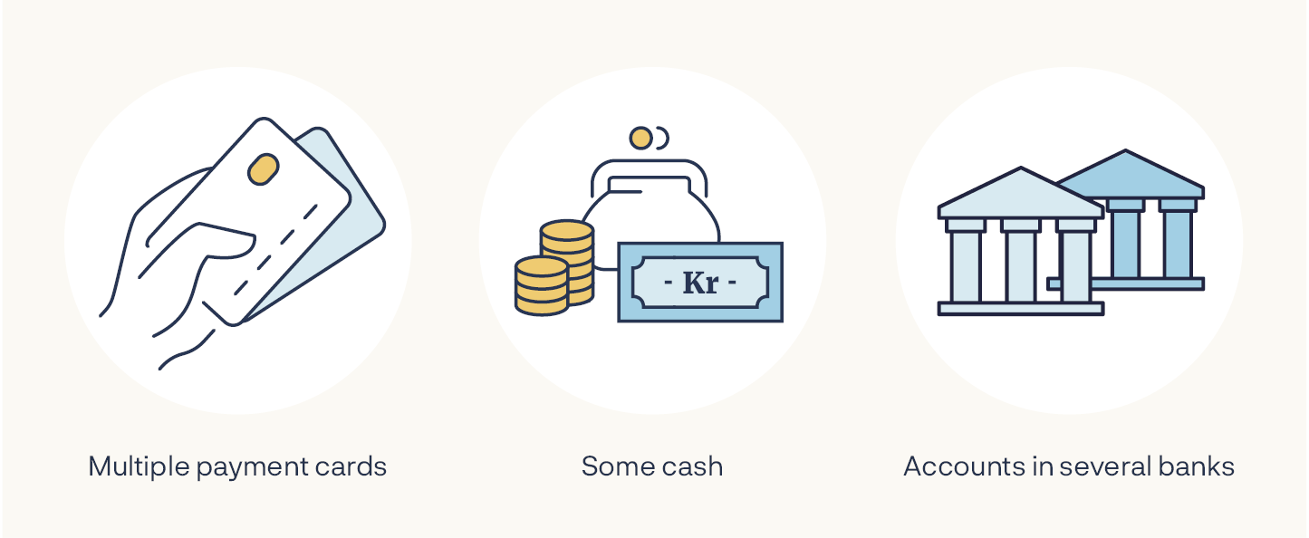 Multiple payment cards
Some cash
Accounts in several banks