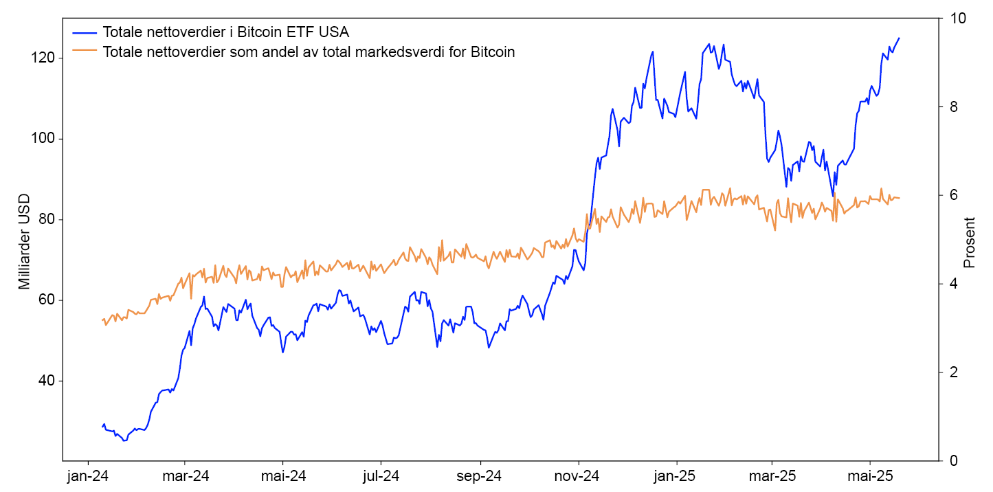 Linjediagram for jan-24 til mai-25 fordelt på "Totale nettoverdier i Bitcoin ETF USA" og "Totale nettoverdier som andel av total markedsverdi for Bitcoin"