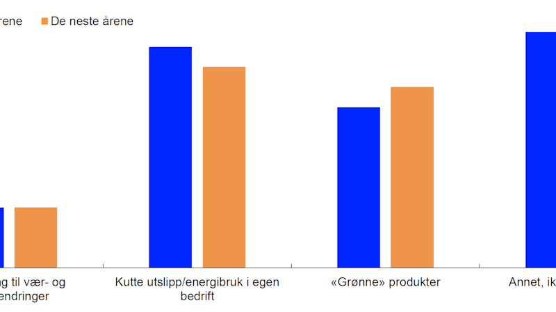 Figur som viser at andelen bedrifter som har investert i ulike klimarelaterte prosjekter er om lag like stor som andelen bedrifter som planlegger slike investeringer de neste årene