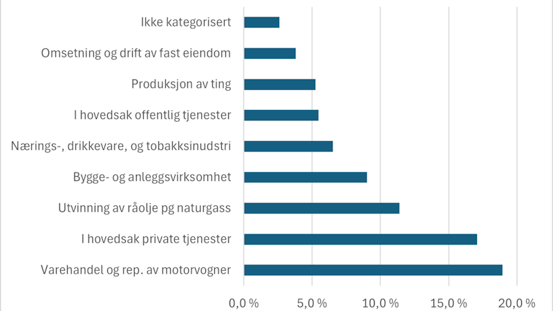 Figuren viser hvilke næringer som opptar mest næringsareal som prosent av samlet næringsareal. Varehandel tar opp nesten 20 prosent av samlet areal, mens private tjenester opptar om lag 17 prosent av samlet næringsareal.