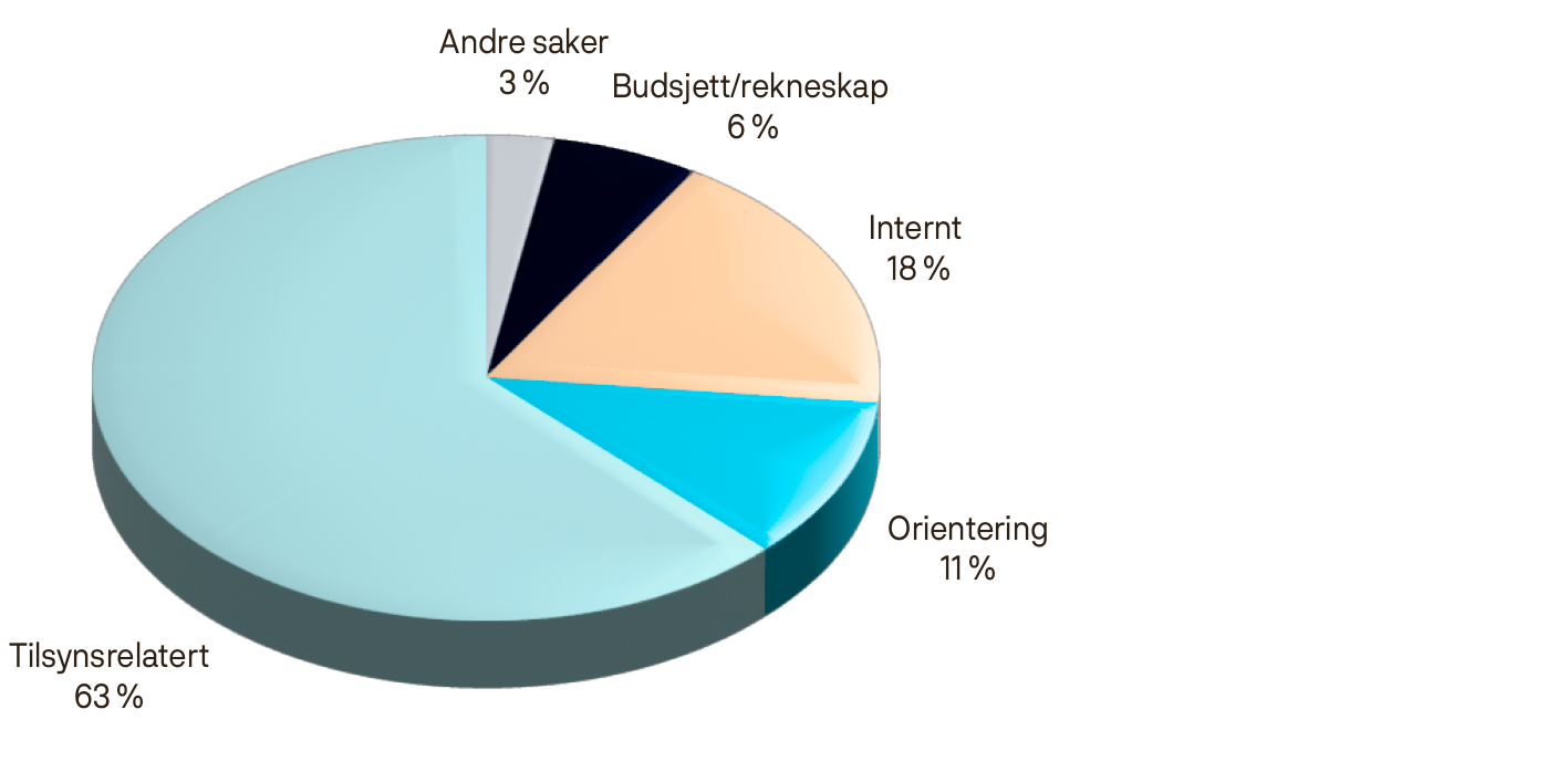 Sektordiagram:Andre saker: 3%Budsjett/rekneskap: 6%Internt: 18%Orientering: 11%Tilsynsrelatert: 63%