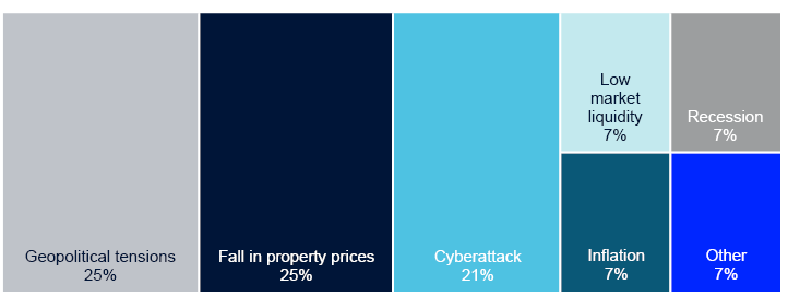 Geopolitical tensions 25%
Fall in property prices 25%
Cyber attack 21%
Low market liquidity 7%
Inflation 7%
Recession 7%
Other 7%