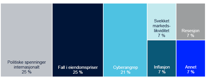 Politiske spenninger internasjonalt 25 %
Fall i eiendomspriser 25 %
Cyberangrep 21 %
Svekket markedslikviditet 7 %
Inflasjon 7 %
Resesjon 7 %
Annet 7 %