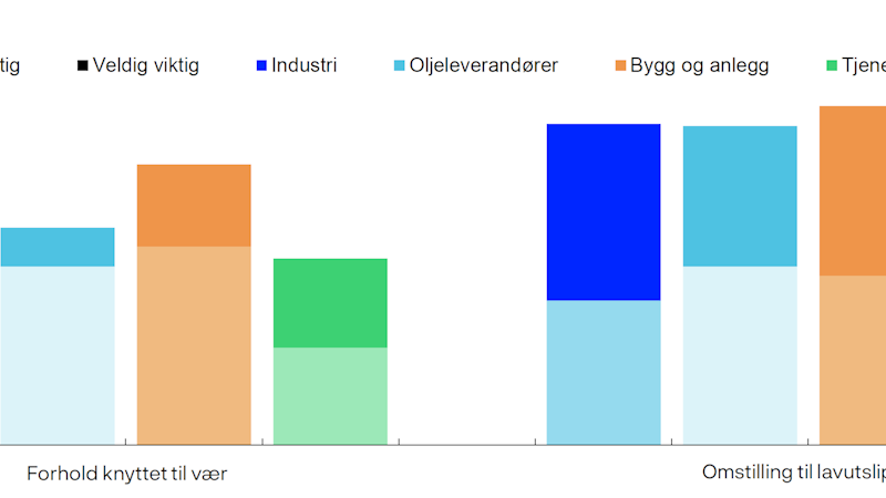 Figur som viser at bygg og anlegg er næringen hvor flest trekker frem forhold knyttet til været som en viktig klimarelatert faktor