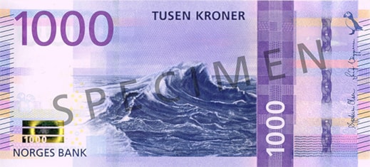 Norway 1,000 krone specimen obverse, official Norges Bank image