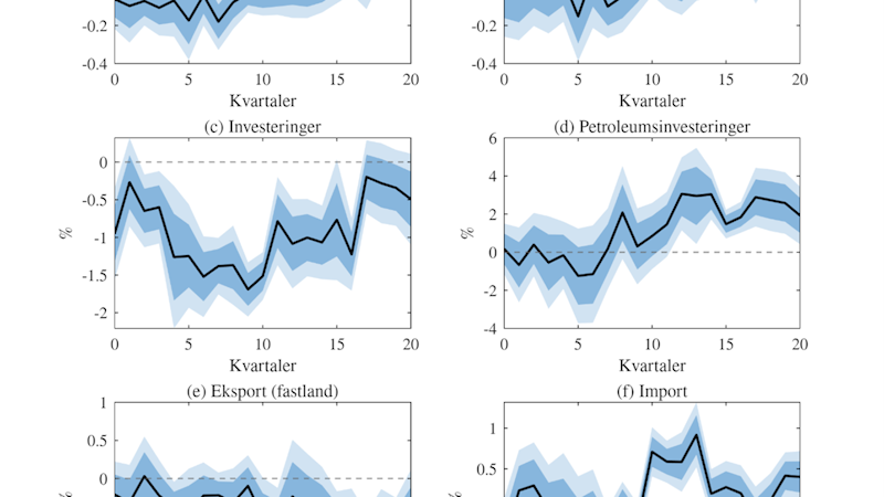 Figur 3 er et panel som viser virkningen av et oljeprissjokk på henholdsvis BNP for fastlands-Norge, privat konsum, investeringer, petroleumsinvesteringer, fastlandseksporten og importen. Investeringene og eksporten faller, petroleumsinvesteringene øker. Det er små endringer i BNP, privat konsum og import.