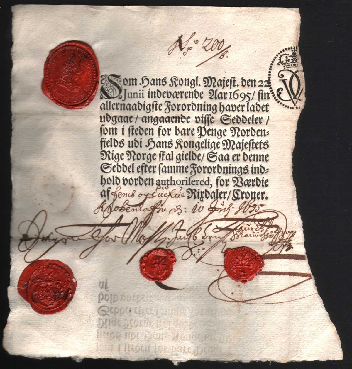 thor Møhlen seddel fra 1695