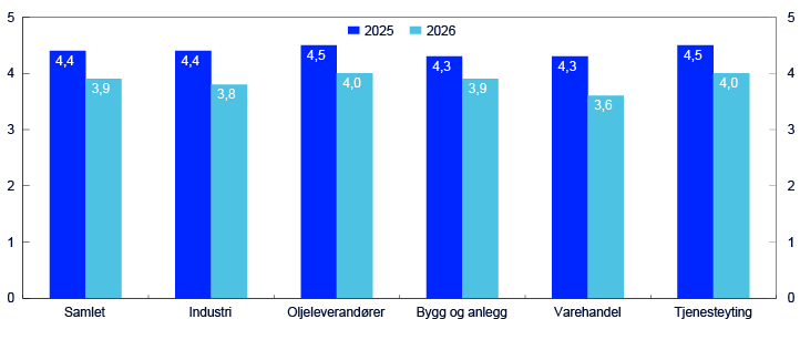 Stolpediagram for sektorene samlet, industri, oljeleverandører, bygg og anlegg, varehandel og tjenesteyting. Fordelt på 2025 og 2026