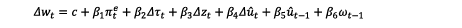 Annual wage growth in year t is a function of inflation expectations, changes in real gross product prices, and productivity in Mainland Norway for the same year, as well as the labor market gap for the same and previous years, and a measure of the wage share in Mainland Norway for the previous years.