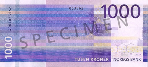 Norway 1,000 krone specimen reverse, official Norges Bank image