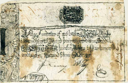 Bildet viser falsk seddel, produsert av Jens Amundsen Fenstad.