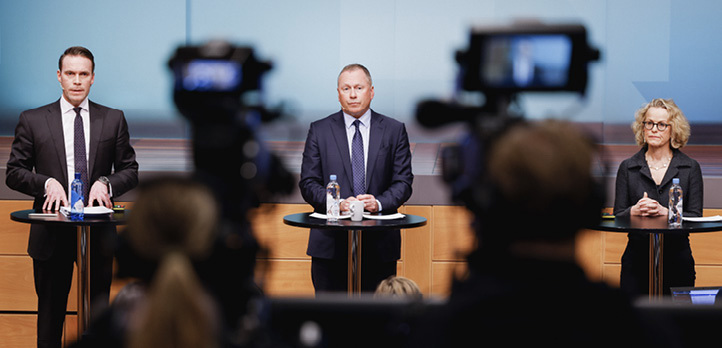 Trond Grande, Deputy Chief Executive Officer, Norges Bank Investment Management, Nicolai Tangen, Chief Executive Officer, Norges Bank Investment Management and Carine Smith Ihenacho, Chief Governance and Compliance Officer, Norges Bank Investment Management, summarised the market situation and presented the report on responsible investment for the Government Pension Fund Global at a press conference in March. 