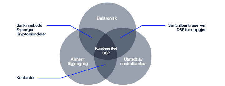 Venn diagram med tre sirkler: «elektronisk», «utstedt av sentralbanken» og «allment tilgengelig» som skjærer i hverandre og lager et felles sentrum: «kunderettet DSP».
Mellom «elektronisk» og «utstedt av sentralbanken» er «Sentralbankreserver» og «DSP for oppgjør».
Mellom «utstedt av sentralbanken» og «allment tilgengelig» er «Kontanter»
Mellom «allment tilgengelig» og «elektronisk» er «Bankinnskudd», «E-penger» og «Kryptoeiendeler».