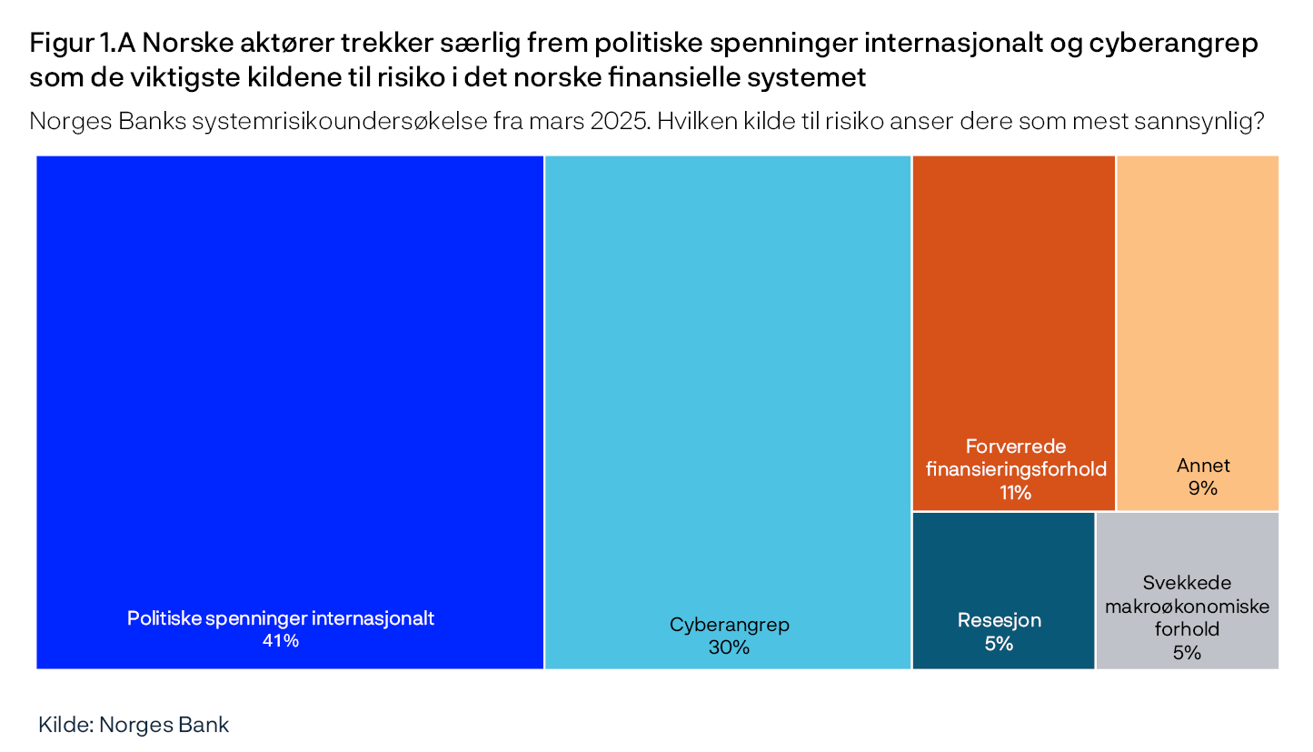 Figur 1.A Norske aktører trekker særlig frem politiske spenninger internasjonalt og cyberangrep som de viktigste kildene til risiko i det norske finansielle systemet
Norges Banks systemrisikoundersøkelse fra mars 2025. Hvilken kilde til risiko anser dere som mest sannsynlig?
Politiske spenninger internasjonalt: 41%
Cyberangrep: 30%
Forverrede finansieringsforhold: 11%
Annet: 9%
Resesjon: 5%
Svekkede makroøkonomiske forhold: 5%
Kilde: Norges Bank
Basert på Norges Banks systemrisikoundersøkelse fra mars. Et utvalg aktører i det norske finansielle systemet deltar, og svarene reflekterer risikovurderingen på det tidspunktet undersøkelsen ble besvart.
Figuren viser den mest sannsynlige risiko i det norske finansielle systemet ifølge respondentene. Undersøkelsen ble avsluttet før USA 2. april lanserte økte tollsatser.