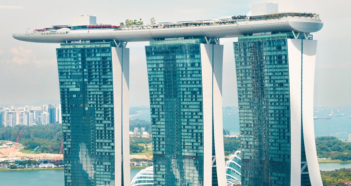 Marina Bay Sands, Singapore: Three skyscrapers connected by a rooftop platform with a park and a pool