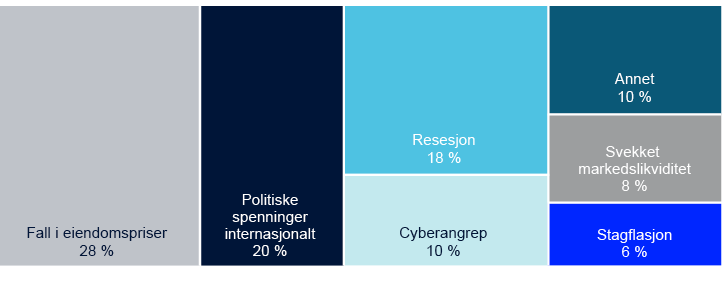 Fall i eiendomspriser 20 %
Politiske spenninger internasjonalt 20 %
Resesjon 18 %
Cyberangrep 10 %
Annet 10 %
Svekket markedslikviditet 8 %
Stagflasjon 6 %
