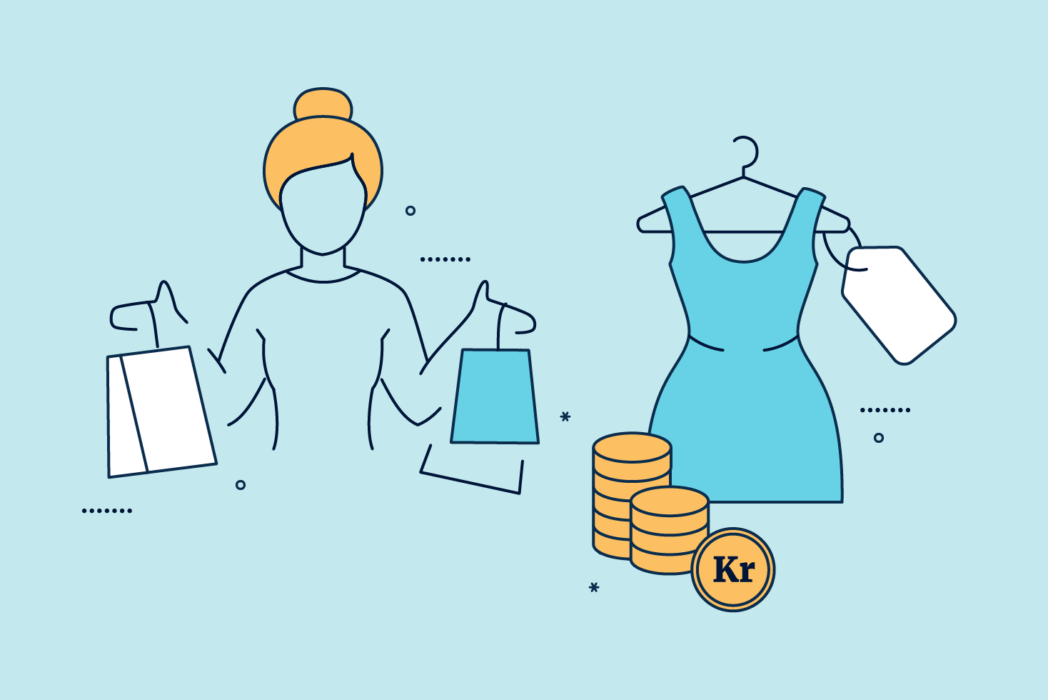 Illustrasjon av kvinne med handleposer, klær med prislapp og mynter