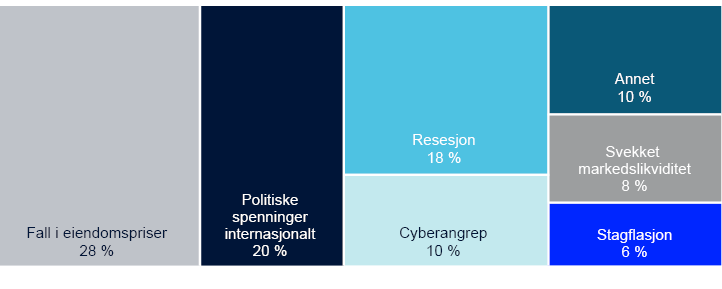 Fall i eiendomspriser 20 %
Politiske spenninger internasjonalt 20 %
Resesjon 18 %
Cyberangrep 10 %
Annet 10 %
Svekket markedslikviditet 8 %
Stagflasjon 6 %
